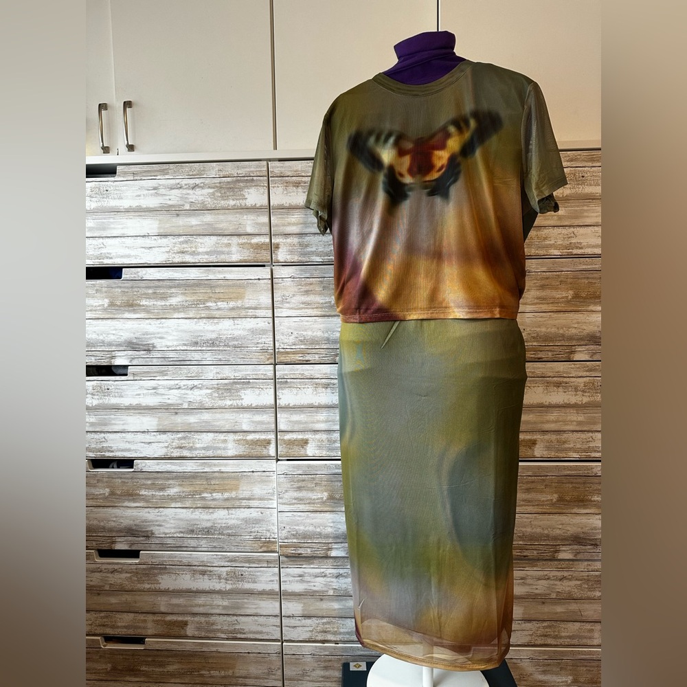 No Boundaries Mesh 2 Piece Set XL 16/18 Butterfly Tee & Midi Skirt NWT